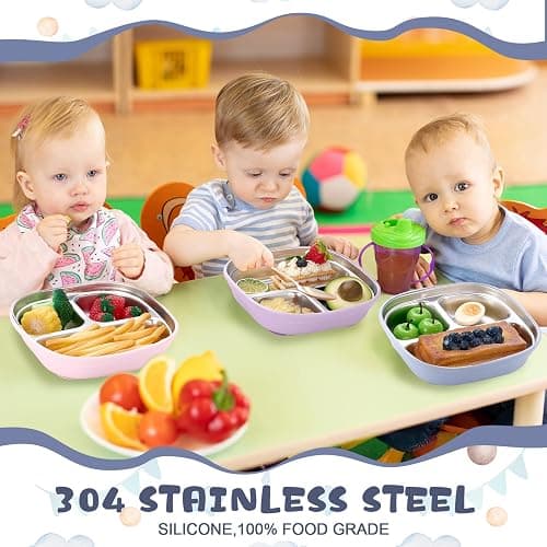 Geiserailie Square Stainless Steel Toddler Plates with Suction – 7.68” Divided Plates with Removable BPA-Free Silicone Sleeves, Unbreakable Baby Feeding Dishes Set of 4 (Pink,Green,Purple,Blue) thumbnail 6