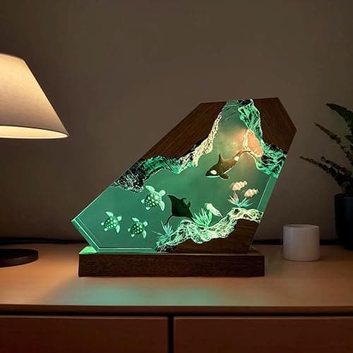 Orca Ocean Resin Lamp, Handmade Wooden Table Resin Night Light, USB Port Art Ornaments for Home Office Decor, Scuba Diver Gifts for Holiday, Unique Birthday Gifts for Mom Grandma Brother Sister thumbnail 6