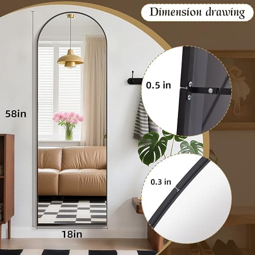BEAUTYPEAK Full Length Mirror 58"x18", Arched Standing Mirror with Metal Frame, Floor Large Body Mirror for Bedroom, Entry, Bedroom, Living Room, Black thumbnail 2