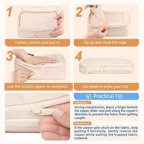 BAGAIL 4 Set/6 Set/8 Set Compression Packing Cubes Travel Accessories Expandable Packing Organizers (Square Mesh, 05-Cream) thumbnail 4