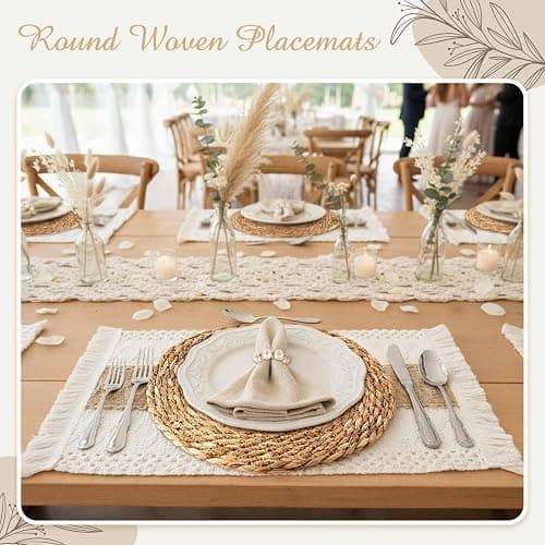 Gandeer 6 Sets Boho Placemats, Including 12 Inch Round Woven Rattan Placemats, Rectangle Burlap Boho Table Mats, Pearl Napkin Rings, Handmade Farmhouse Table Chargers for Home Wedding Party Decoration thumbnail 2