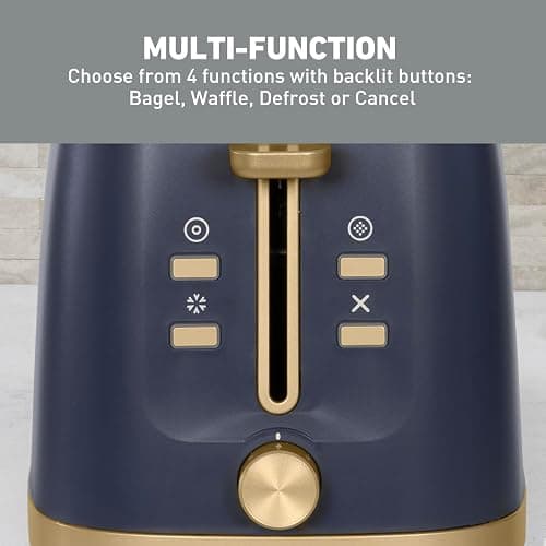 West Bend Timeless 2-Slice Toaster with 7 Browning Levels, Bagel/Waffle/Defrost Settings, High-Lift Lever, Anti-Jam, Easy-Clean Crumb Tray, 2-Slice, Blue/Gold thumbnail 3