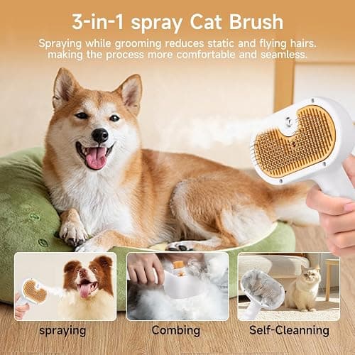 Pet Steam Brush for Dog & Cat – 3-in-1 Spray Hair Removal Comb for Shedding & Grooming, Softens Fur & Reduces Static – Water Brush for Long & Short Coats, Bath-Hating Pets, Includes Waterless Shampoo thumbnail 5