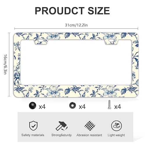 Blue Floral Flowers License Plate Frames - 2 Pcs Set 2 Holes Stainless Steel Metal Auto Car Accessories Decoration License Plate Frame Cover Size 6.3" x 12.2" Fit US Vehicles for Women Men Gift thumbnail 4