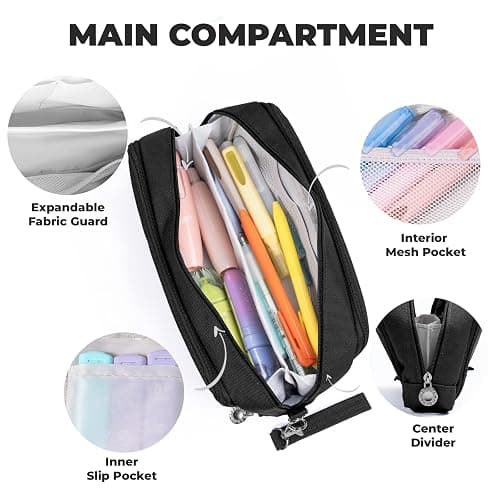 Four Candies Pencil Case 3 Compartment, Large Pencil Case with Removable Handle & Zipper, Cute Stationery Organizer for Markers, Makeup Bag, Cute Pencil Bag for Office College, Black thumbnail 4