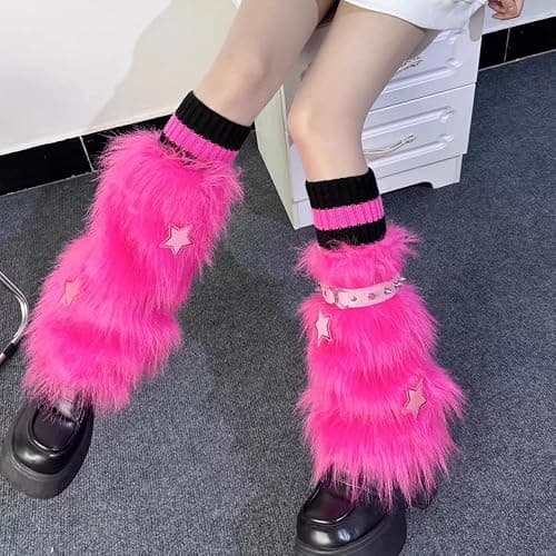 CHERSE Furry Leg Warmers for Women 3in1 Kawaii Star Bone Plush Y2K Leg Socks Pink Lolita Faux Fur 80s Harajuku Punk Gothic thumbnail 3