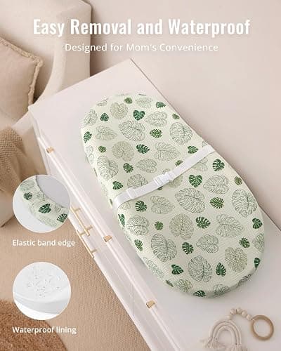 Blissful Diary Muslin Baby Changing Pad with Waterproof Lining Foam, Diaper Changing Table Pad with Cover for Dressers (Monstera, Avocado) thumbnail 4
