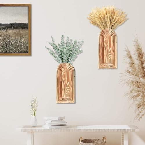 Dnnnii 2 Pack Wooden Wall Vase Set - Brown Finish Modern Farmhouse & Boho Wall Decor for Entryway, Hallway, Bathroom, Living Room, Dining Room, Narrow Spaces thumbnail 5