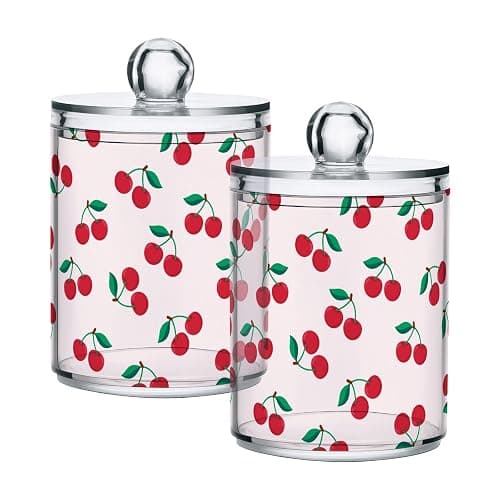 Bulletgxll Apothecary Jar with Lids 2 Pack Cute Cherry Fruit Qtip Holder Clear Plastic Containers Bathroom Vanity Countertop Organizer for Cotton Swabs, Cosmetic Pads, Sponges, Flossers - Image 1