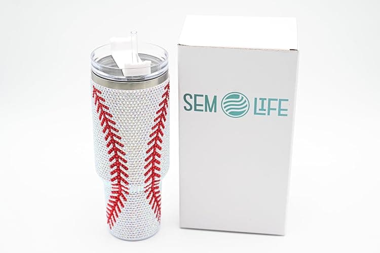 SEM LIFE 40 Oz Rhinestone Bling Tumbler Cup with Handle and Straw (BASEBALL), Stainless Steel and Double Wall Insulated thumbnail 5