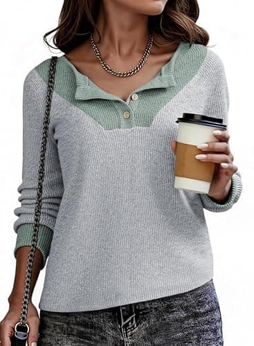 EVALESS Womens Fall Fashion 2025 Womens Long Sleeve Shirts Patchwork Button Up V Neck Sweatshirt Casual Pullover Tops thumbnail 6