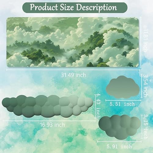 Green Cloud Mouse Pad and Keyboard Wrist Rest 4PCS Extended Forest Mountain Aesthetic Large Desk Mat Pad Set Memory Foam Non-Slip Cute Ergonomic Gaming Mouse Pad Wrist Support for Computer Home Office thumbnail 6