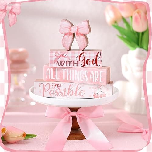 Cinnvoice 4 Pcs Pink Coquette Bow Room Decor Christian Bow Centerpieces for Table Bathroom Decor Inspirational Aesthetic College Teen Girls Gifts (God) thumbnail 5