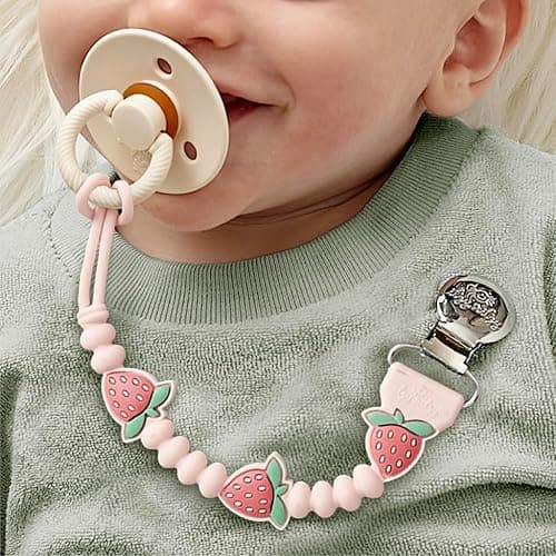 Itzy Ritzy Silicone Pacifier Clip; 100% Food Grade Silicone Pacifier Strap with Clip Keeps Pacifiers, Teethers & Small Toys in Place; Features One-Piece Design & Cord (Strawberry) - Strawberry - 1 Count (Pack of 1) - Pacifier Clip thumbnail 2