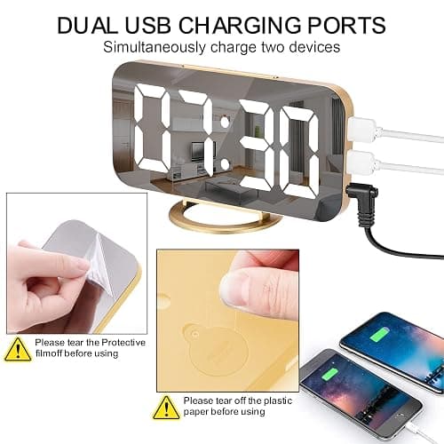 SZELAM Digital Alarm Clock,LED and Mirror Desk Clock Large Display,with Dual USB Charger Ports,3 Levels Brightness,12/24H,Modern Electronic Clock for Bedroom Home Living Room Office - Gold thumbnail 7