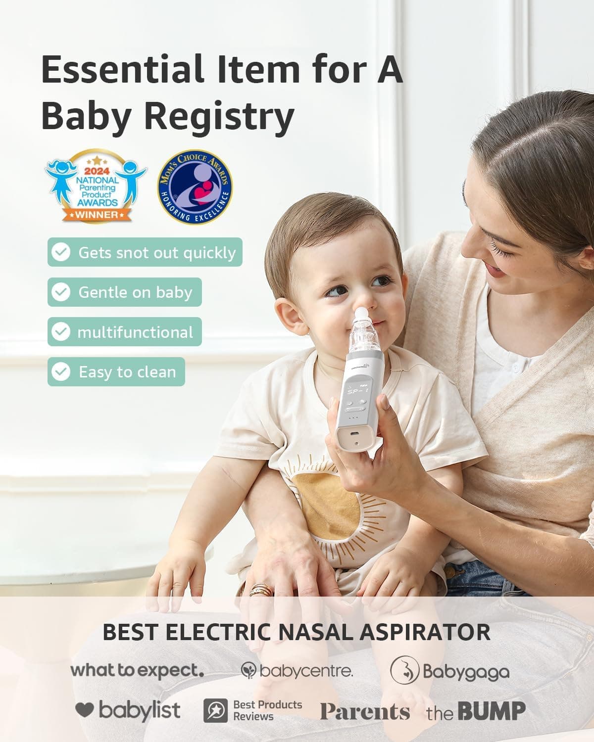 GROWNSY Nasal Aspirator for Baby, Electric Nose Aspirator for Toddler, Baby Nose Sucker, Automatic Nose Cleaner with 3 Silicone Tips, Adjustable Suction Level, Music and Light Soothing Function (Gray) thumbnail 2
