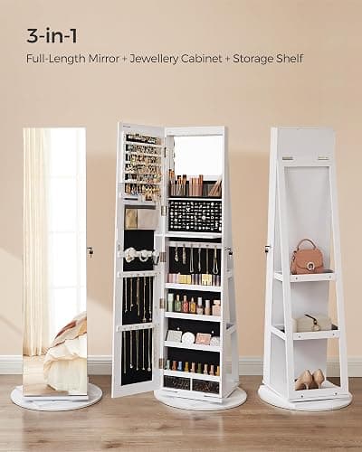 SONGMICS 6 LEDs Mirror Jewellery Cabinet, 360° Swivel Jewellery Storage Organiser, Lockable, Free-Standing Frameless Full-Length Mirror with Storage, White Surface, Black Lining JJC007W01 thumbnail 4