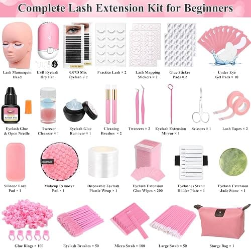 Lashes Kit for Eyelash Extension Beginner Lash Tech Starter Kit with Eye Lash Mannequin Head, Professional Eyelash Extension Kit with Lash Fan, Extension Glue and Eyelash Remover for Practice Training thumbnail 2