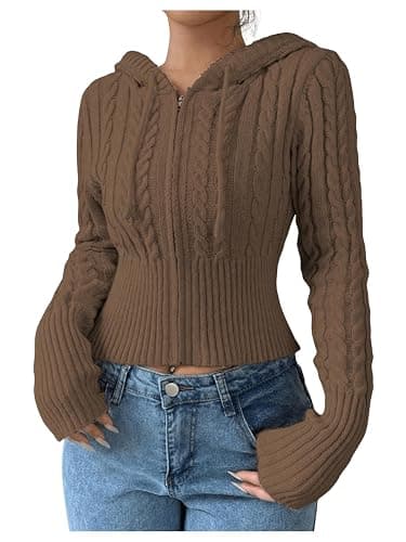 SOLY HUX Women's Crop Cardigan Sweater Cable Knit Zip Up Hoodies Long Sleeve Fall Jacket Y2k Outerwear - Image 1