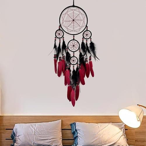 SOYUZU Red and Black Dream Catcher Large Dream Catchers Wall Decor Handmade Feather Dreamcatcher Wall Hanging Ornament for Bedroom Living Room Home Decor thumbnail 5