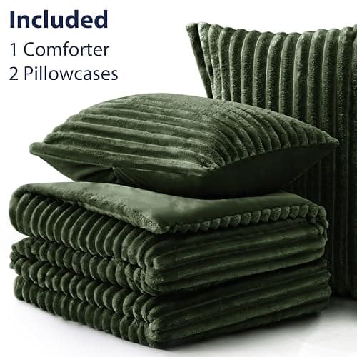 EXQ Home Fluffy Comforter Set Queen Size - Super Soft Faux Fur Stripe Jacquard Comforter 3 Pieces, Olive Green Fleece Bedding Set,Winter Warm Bed Set,1 Comforter with 2 Pillowcases thumbnail 6