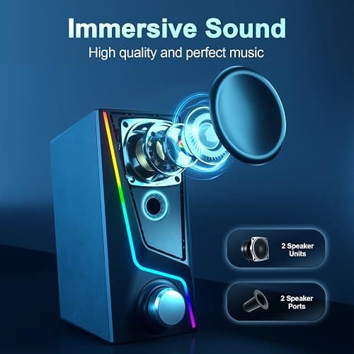 Nylavee Computer Speakers, PC Speakers with 6 Lighting Modes, USB Powered Computer Speakers for Desktop PC with 2 Bass-Boost Ports, 2 Speaker Units, and 3.5mm Aux-in for PC, Laptop, Monitor, Gaming thumbnail 2