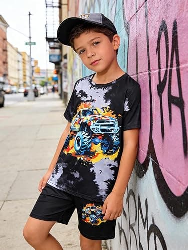 LPHGFZA Boys Clothes 2-Piece Summer Outfit 3D Car Print Tie-Dye T-Shirt & Elastic Waist Shorts for Kids Clothing Set 5-11Y thumbnail 3