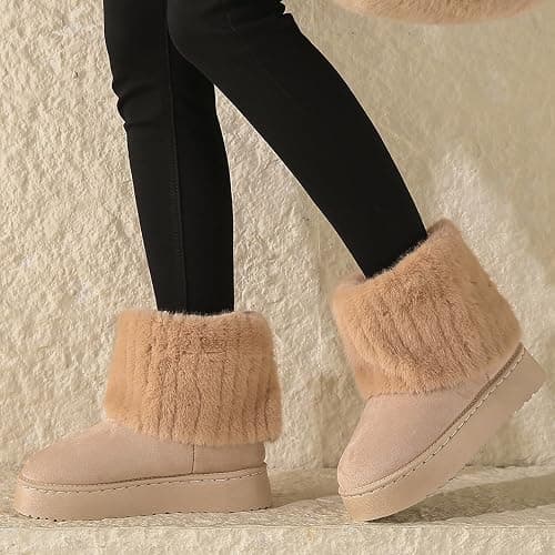 Gezolligheid Women's Faux Fur Mid Calf Snow Boots - Round Toe Suede Warm Fur Lined Platform Flat Comfort Outdoor Winter Fashion Boots thumbnail 2