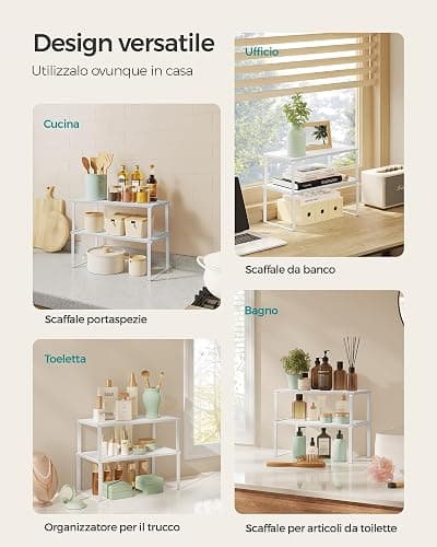 SONGMICS Organizzatori da Cucina, Set di 4 Scaffali da Banco, Portaoggetti per Armadietto, Impilabile, Espandibile, Metallo e Legno Ingegnerizzato, Bianco Nuvola e Bianco Neve KCS028W01 thumbnail 6