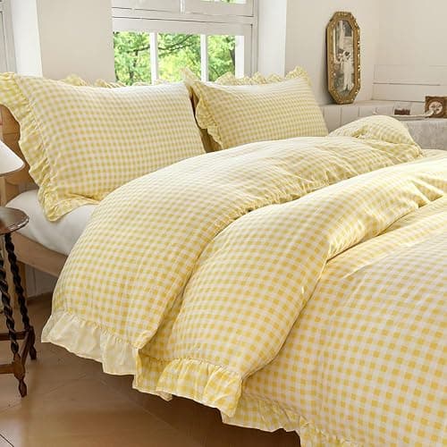 NSNLGSGC Yellow Gingham Ruffle Duvet Cover Twin Size, 2 Pieces Soft Pre-Washed Microfiber Checked Plaid Comforter Cover Set, Vintage Farmhouse Bedding Set(Yellow Gingham, Twin 68"x90") - Image 1