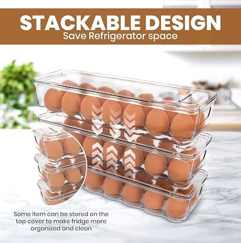 KICHLY Pack of 1 - Egg storage for fridge - Egg Holder for Fridge - 14 Egg Container With Lid & Handle, Egg Container For Refrigerator, Stackable Plastic Egg Tray with Lids (Clear) thumbnail 6