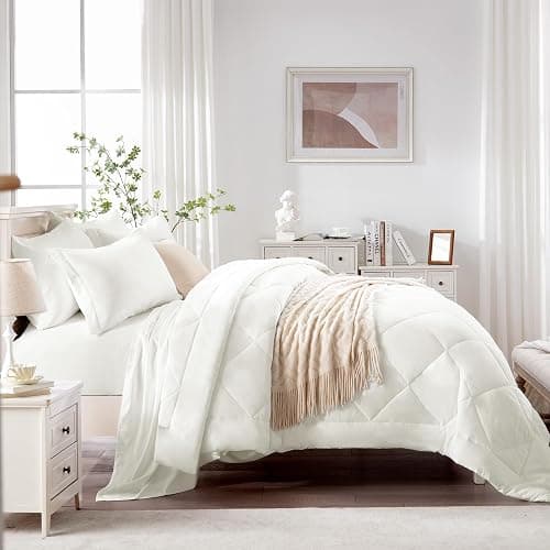 Love's cabin Full Comforter Set Ivory, 7 Pieces Full Bed in a Bag, All Season Bedding Sets with 1 Comforter, 1 Flat Sheet, 1 Fitted Sheet, 2 Pillowcase and 2 Pillow Sham thumbnail 3