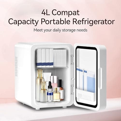 Skincare Fridge With Dimmable LED Mirror, 4L Makeup Mini Fridge for Bedroom, Cosmetics, SkinCare, Cooler & Warmer, Portable Small Refrigerator for Car, Office and Food- White - White thumbnail 4