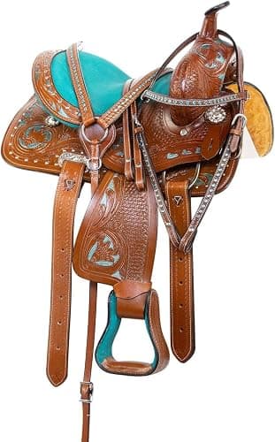 LEATHERRIDE Western Leather Barrel Saddle Floral Embossed Tooled Trail Rodeo Horse Saddle with Matching Headstall, Reins and Breast Collar thumbnail 3