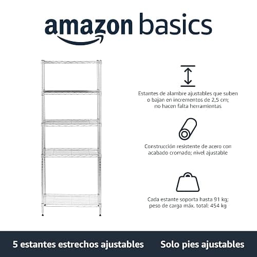 Amazon Basics Unidad de almacenamiento estrecha de 5 baldas con estantes ajustables en altura y patas niveladoras, peso máximo de 453 kg, Cromado, 34 cm x 58.9 cm x 152.5 cm (D x W x H) thumbnail 4