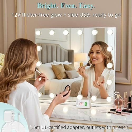 LUXFURNI Vanity Mirror with Lights, 23.6" x 20.5" Hollywood Mirror, Light Up Makeup Mirror with 18 LED Bulbs for Bedroom Desk, 3 Color Lighting Modes, Tabletop & Wall Mount, USB Charging Port thumbnail 5