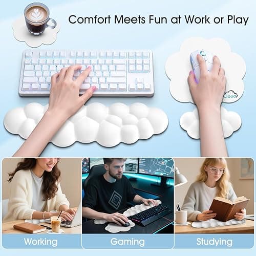 Retuhapy Cloud Wrist Rest Keyboard Cushion, 4-in-1 Ergonomic Cloud Keyboard Wrist Rest and Mouse Pad Set with Memory Foam Arm Support for Palm, Cute Desk Accessory for PC Gaming Setup, White thumbnail 7