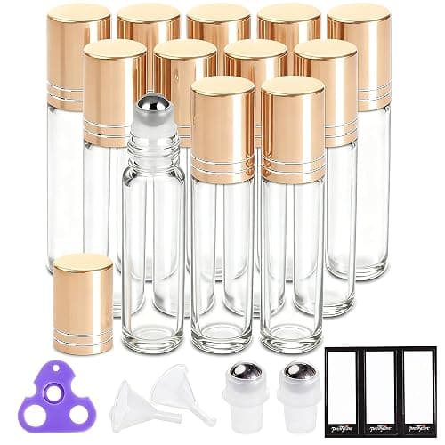 PrettyCare 12 Pack, 10 ml Essential Oil Roller Bottles with Stainless Steel Roller Ball - Refillable Leak-proof Empty Thick Clear Glass Roll on Bottles with Metal Caps for Travel, Perfume - Image 1