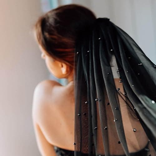 Acenail Black Veil Brides Wedding Long Pearl Mourning Funeral Lace Bridal Halloween Veil - Pearl thumbnail 8