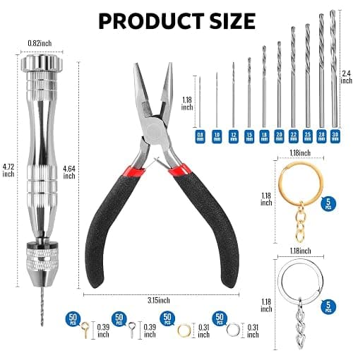 LEOBRO Hand Drill, 222 PCS Pin Vise Hand Drill with Drill Bits(0.8 mm-3 mm), Needle Nose Pliers, Keychain Making Kit, Jewelry Making Supplies, Hand Drill Tools for Jewelry Keychains Making thumbnail 2