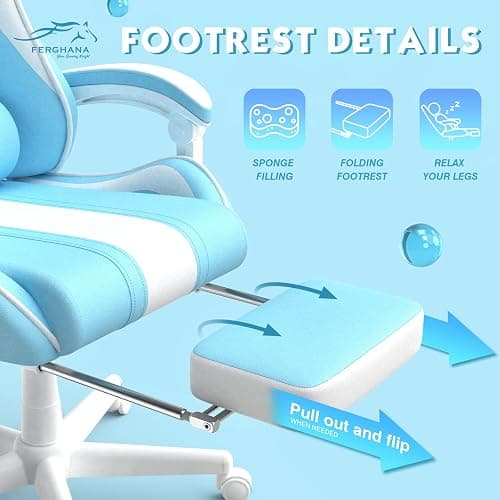 Ferghana Kawaii Light Blue Gaming Chair with Bunny Ears, Ergonomic Cute Gamer Chair with Footrest and Massage, Racing Reclining Leather Computer Game Chair 250lbs for Girls Adults Teens Kids thumbnail 8