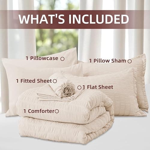 FUANNA Twin Comforter Set 5 Pieces, Luxury Seersucker Twin Bed Set for All Seasons, Soft Twin Bed in a Bag with Comforter, Flat Sheet, Fitted Sheet, Pillowcase & Sham for Bedroom, Beige thumbnail 9
