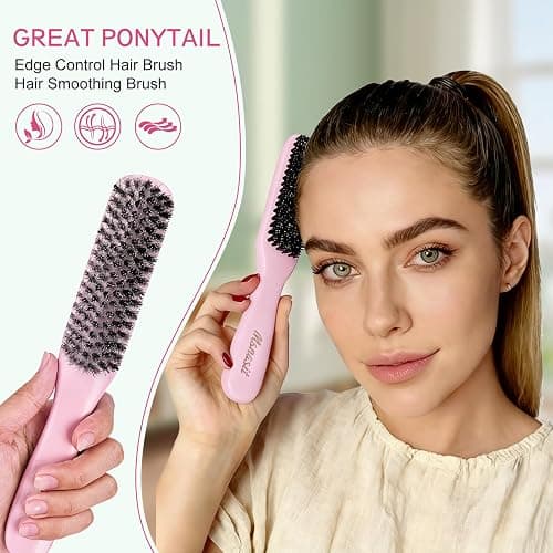 Slick Back Hair Brush, Pink Wood Handle Boar Bristles Smoothing Hairbrush, Anti-Frizz Edge Control Hair Brush for Women and Men thumbnail 6
