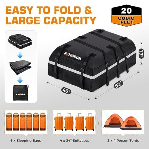 Kingfun Car Rooftop Cargo Carrier – Waterproof 20 Cubic Feet Car Roof Bag Fit All Vehicles with/Without Roof Racks, Includes Anti-Slip Mat, 8 Reinforced Straps & 6 Door Hooks, Luggage Locks（Black） thumbnail 4