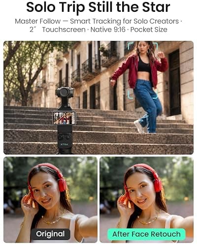 Xtra Muse with Mini Tripod Combo, Vlogging Camera with 1'' CMOS & 4K/120fps Videos, Pocket Camera with 3-Axis Gimbal Stabilizer, Fast Focusing,Digital Video Camera for Photography, Digital Camera thumbnail 6
