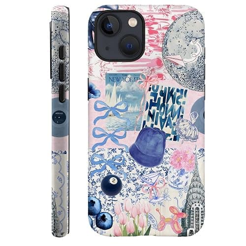 Generic Case Compatible with iPhone 14,Scratch Resistant Hybrid 2-Layer Hard Shell Phone Case,Ball Blue Bow Flower Collage Aesthetic - Ball Blue Bow Flower Collage Aesthetic - iPhone 14 - Image 1