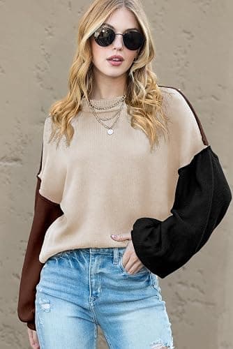 Dokotoo Women's Sweaters Colorblock Crewneck Cotton Long Sleeve Fall Winter Knit Pullover Jumper Tops thumbnail 4