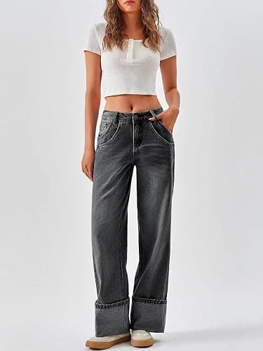 PLNOTME Womens Baggy Jeans Boyfriend Wide Leg Trendy Casual Mid Rise Cuffed Hem Denim Pants with Pockets thumbnail 2
