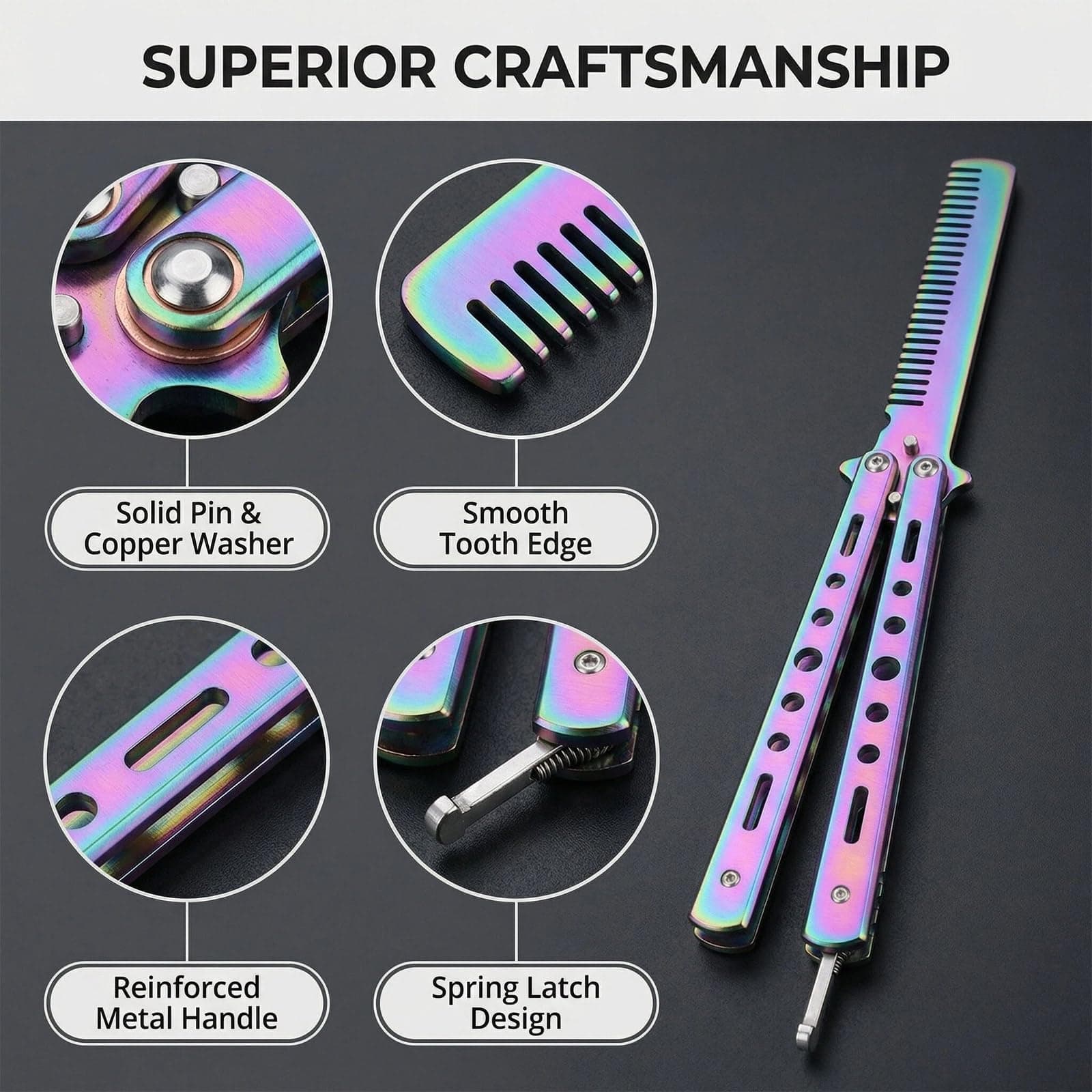 2 pcs Stainless Steel Practice Butterfly Knife and Comb Trainer for Beginners - Portable, Multifunctional Tools for Butterfly Comb Enthusiasts - Safe and Durable Training Set (Colorful,Gold） thumbnail 3
