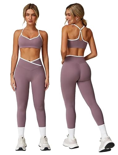 ABOCIW Workout Sets for Women 2 Piece Color Block Strappy Sports Bra High Waist Leggings Gym Yoga Pilates Outfits - Image 1